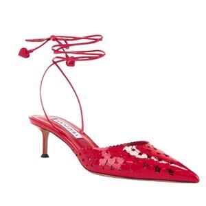 Aquazzura Amourose Pumps Lipstick Red Leather Ankle Tie Pumps NEW EU 36 US 6